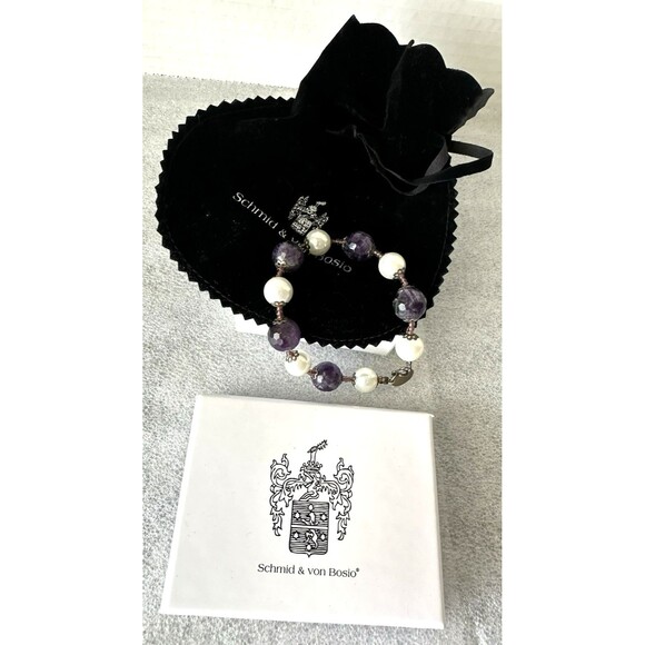 Schmid & Von Bosio Italy Purple Amethyst and Pearl Round Bead Bracelet 7.5" - Picture 1 of 10